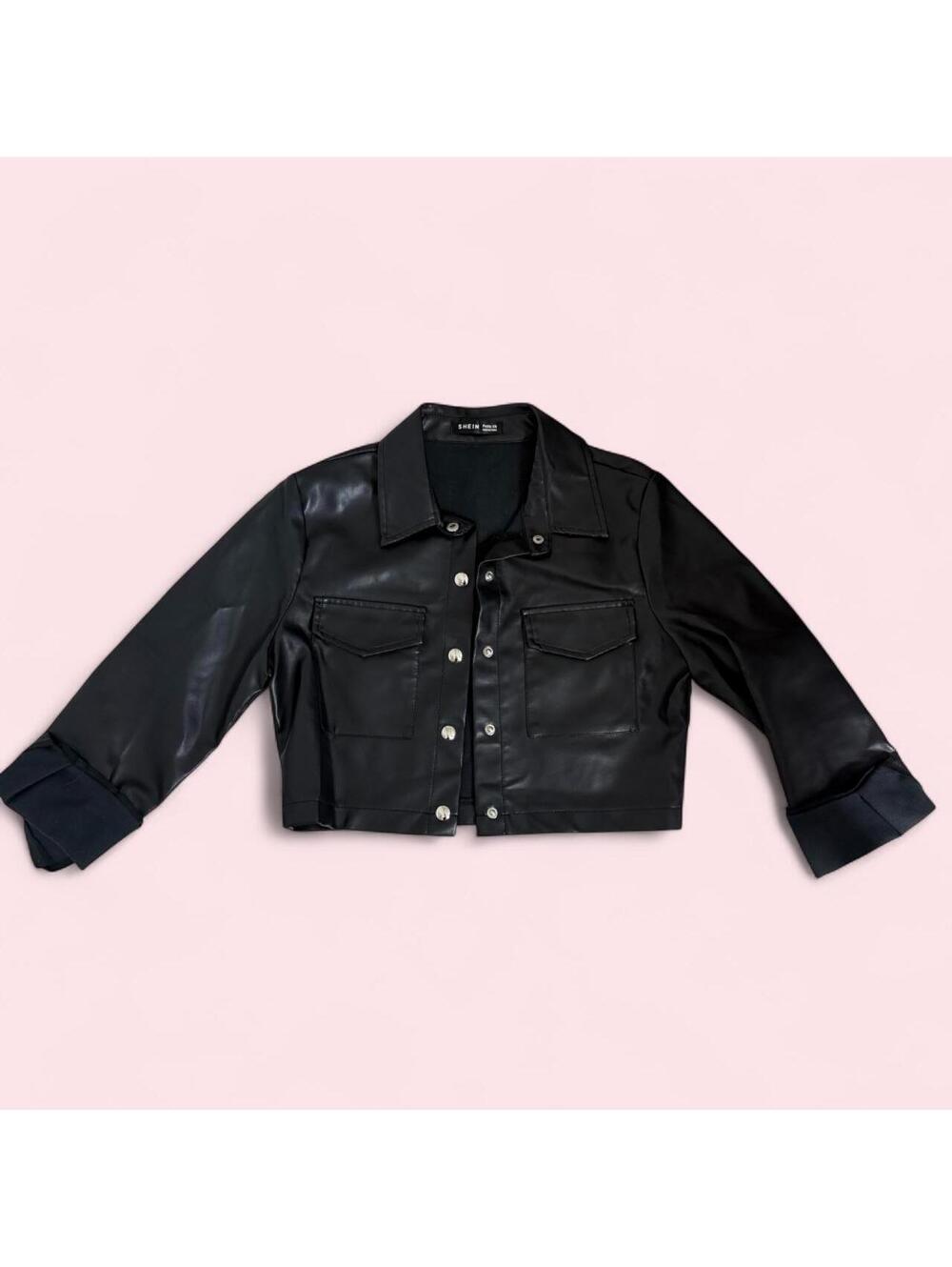 Black faux leather jacket with silver buttons